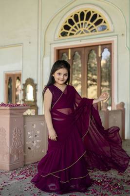 Dyed print georgette pre drapped ready to wear saree in wine ( 1 saree : 1 choli ) 2