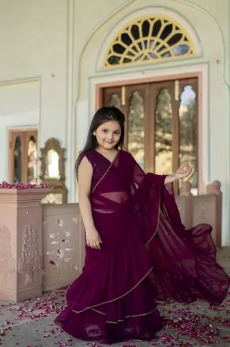 Dyed print georgette pre drapped ready to wear saree in wine ( 1 saree : 1 choli )