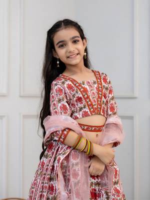 white & maroon floral print lehenga & choli set with dupatta for girls 5