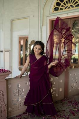 Dyed print georgette pre drapped ready to wear saree in wine ( 1 saree : 1 choli ) 3