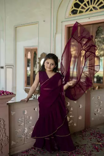Dyed print georgette pre drapped ready to wear saree in wine ( 1 saree : 1 choli )