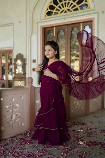 Dyed print georgette pre drapped ready to wear saree in wine ( 1 saree : 1 choli )