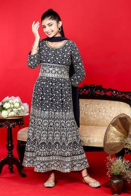Ethnicraze n blue georgette girls long gown with dupatta 1