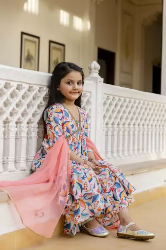 Cutiediva Girls festive and Parties printed aliya-cut kurta & sharara with dupatta in multicolour