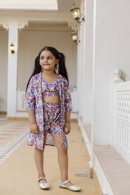 Cutiediva Girls printed sleeveless crop top and shorts with shrug co-ords in purple 4