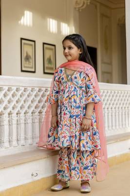 Cutiediva Girls festive and Parties printed aliya-cut kurta & sharara with dupatta in multicolour 2