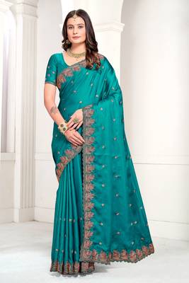 Turquoise Zari Resham Embroidered Satin Saree With Matching Blouse 1