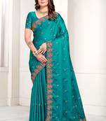 Turquoise Zari Resham Embroidered Satin Saree With Matching Blouse