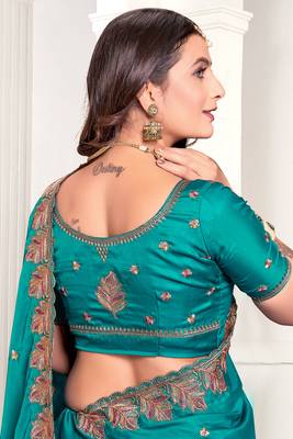 Turquoise Zari Resham Embroidered Satin Saree With Matching Blouse 2