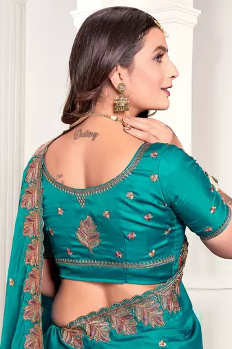 Turquoise Zari Resham Embroidered Satin Saree With Matching Blouse