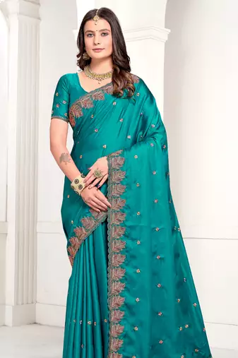 Turquoise Zari Resham Embroidered Satin Saree With Matching Blouse