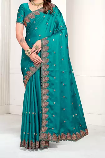 Turquoise Zari Resham Embroidered Satin Saree With Matching Blouse
