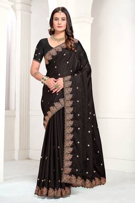 Black Zari Resham Embroidered Satin Saree With Matching Blouse 1