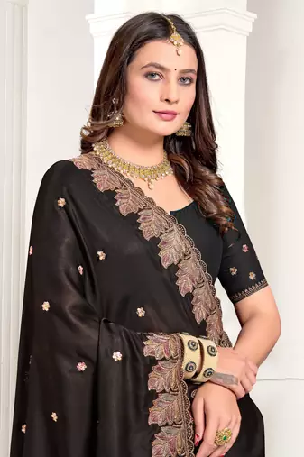 Black Zari Resham Embroidered Satin Saree With Matching Blouse