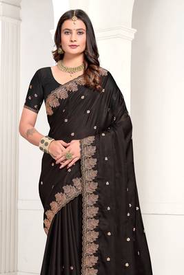 Black Zari Resham Embroidered Satin Saree With Matching Blouse 3