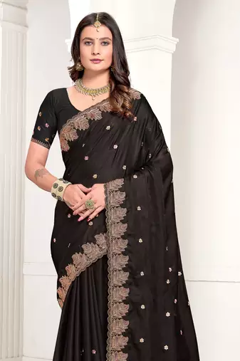 Black Zari Resham Embroidered Satin Saree With Matching Blouse