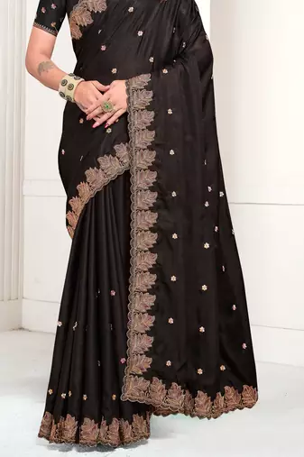 Black Zari Resham Embroidered Satin Saree With Matching Blouse