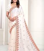 Off White Zari Resham Embroidered Satin Saree With Matching Blouse