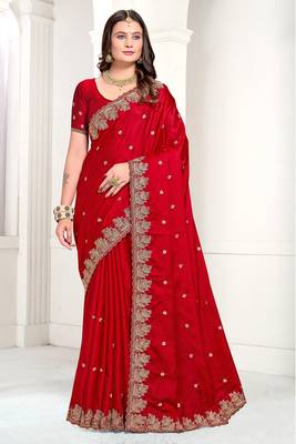 Red Zari Resham Embroidered Satin Saree With Matching Blouse 1