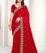 Red Zari Resham Embroidered Satin Saree With Matching Blouse