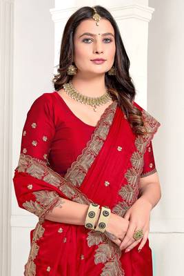 Red Zari Resham Embroidered Satin Saree With Matching Blouse 2