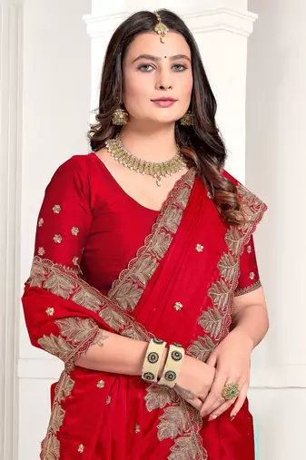 Red Zari Resham Embroidered Satin Saree With Matching Blouse