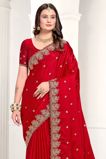 Red Zari Resham Embroidered Satin Saree With Matching Blouse