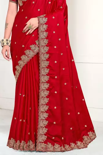 Red Zari Resham Embroidered Satin Saree With Matching Blouse