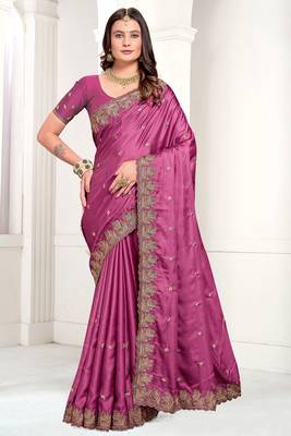Magenta Zari Resham Embroidered Satin Saree With Matching Blouse 1
