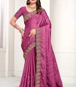 Magenta Zari Resham Embroidered Satin Saree With Matching Blouse