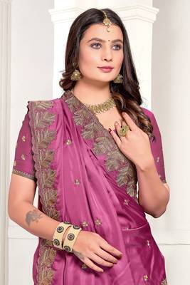 Magenta Zari Resham Embroidered Satin Saree With Matching Blouse 2
