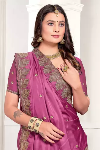 Magenta Zari Resham Embroidered Satin Saree With Matching Blouse