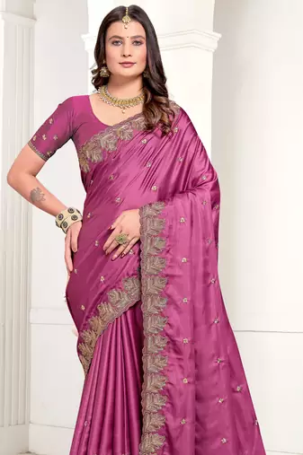 Magenta Zari Resham Embroidered Satin Saree With Matching Blouse