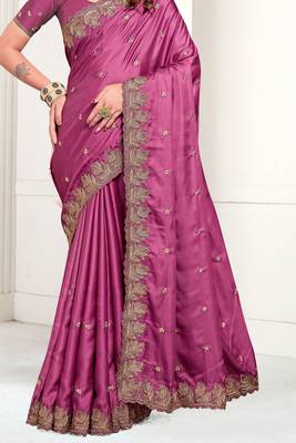 Magenta Zari Resham Embroidered Satin Saree With Matching Blouse 4