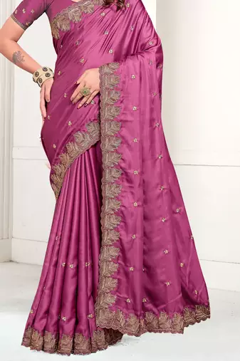 Magenta Zari Resham Embroidered Satin Saree With Matching Blouse