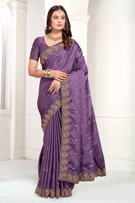 Lavender Zari Resham Embroidered Satin Saree With Matching Blouse 1