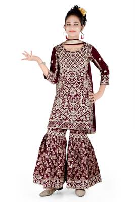 Aura Heavy Embroidery & Stone Hand-work Wine Farsi Jacquard Sharara Set 1