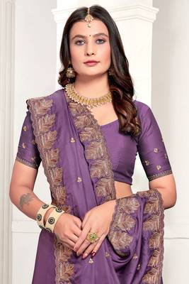 Lavender Zari Resham Embroidered Satin Saree With Matching Blouse 2