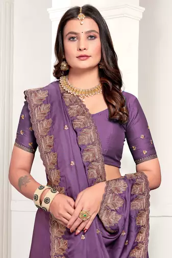 Lavender Zari Resham Embroidered Satin Saree With Matching Blouse