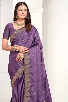 Lavender Zari Resham Embroidered Satin Saree With Matching Blouse 3