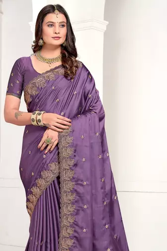 Lavender Zari Resham Embroidered Satin Saree With Matching Blouse
