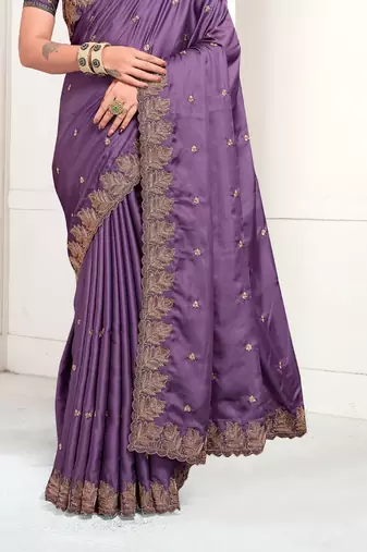 Lavender Zari Resham Embroidered Satin Saree With Matching Blouse