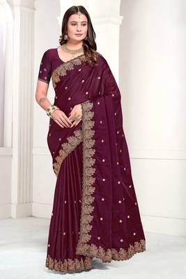Wine Zari Resham Embroidered Satin Saree With Matching Blouse 1