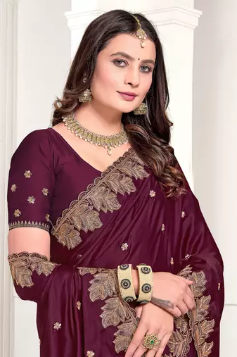 Wine Zari Resham Embroidered Satin Saree With Matching Blouse