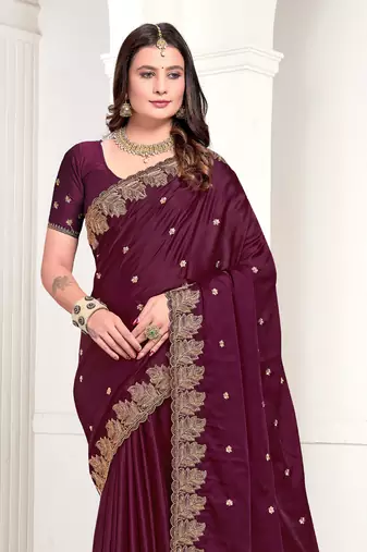 Wine Zari Resham Embroidered Satin Saree With Matching Blouse