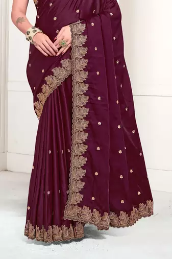 Wine Zari Resham Embroidered Satin Saree With Matching Blouse