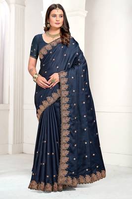 Blue Zari Resham Embroidered Satin Saree With Matching Blouse 1