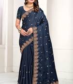 Blue Zari Resham Embroidered Satin Saree With Matching Blouse