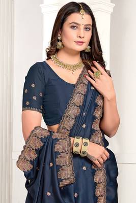 Blue Zari Resham Embroidered Satin Saree With Matching Blouse 2
