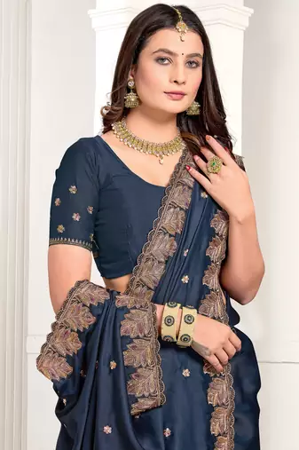 Blue Zari Resham Embroidered Satin Saree With Matching Blouse